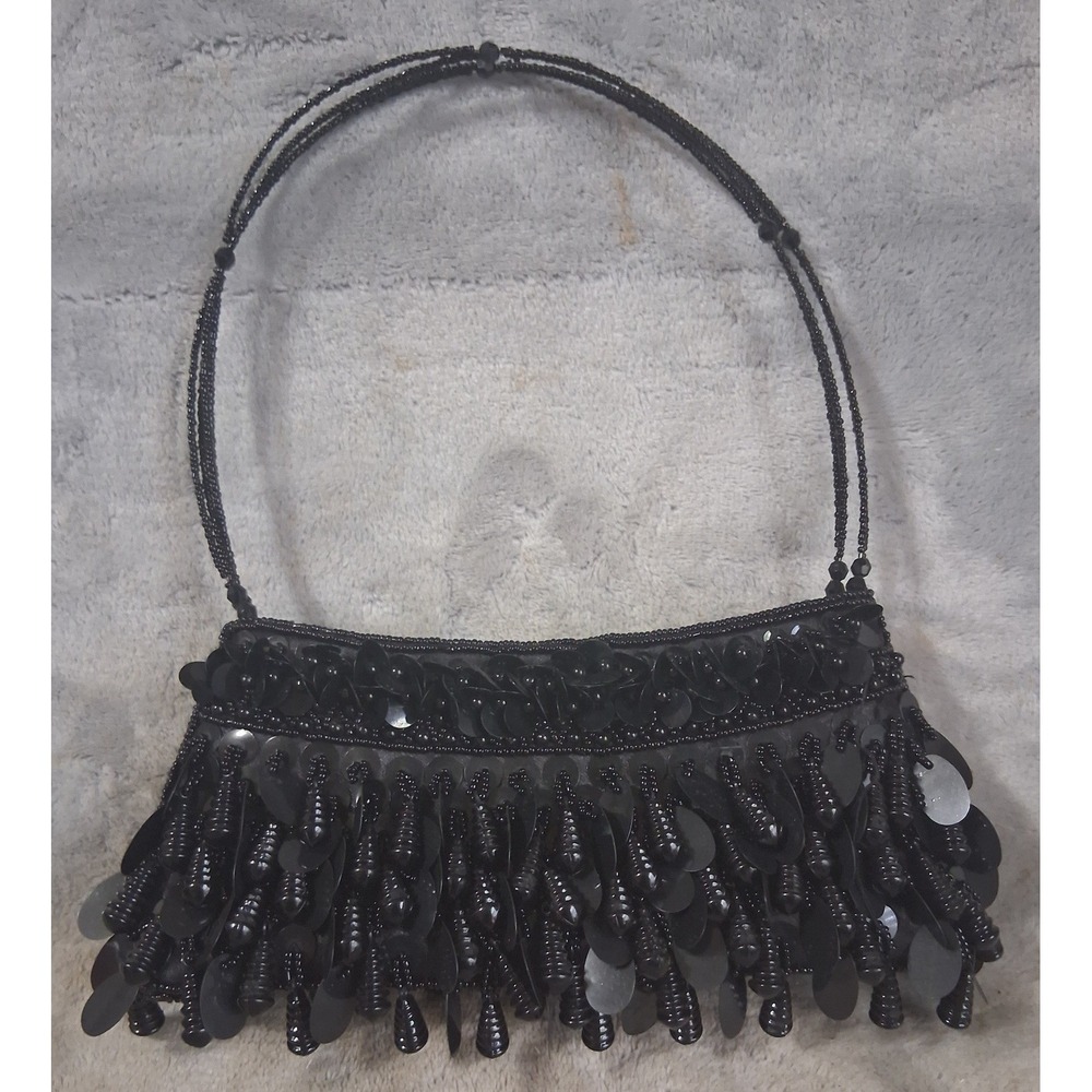 Vintage Black Beaded Sequin Fringe Evening Bag Multi Strand Handle Cocktail Bag